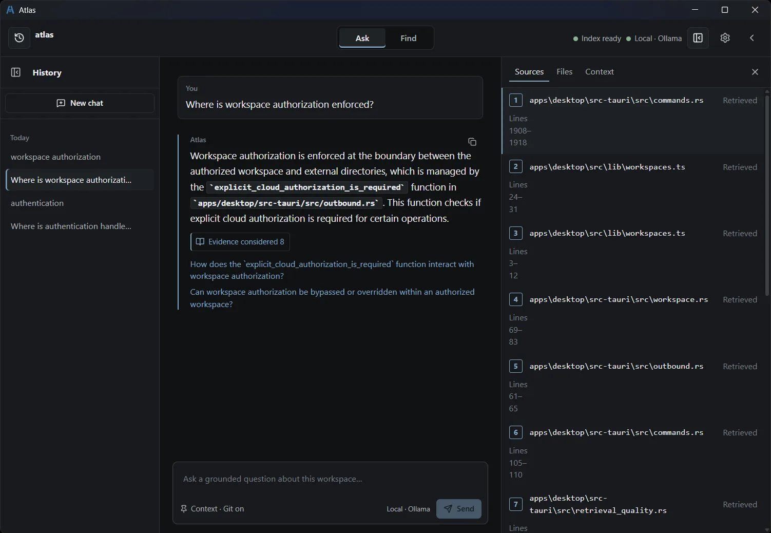 Atlas 1.0 Ask view: a question about workspace authorisation, a grounded answer with an 'Evidence considered 8' control, and a Sources panel listing retrieved files with line ranges.